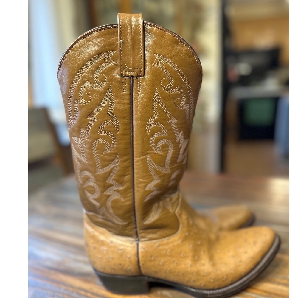 Vintage Rudel Ostrich Leather Cowboy Boots Tan Mens 7 or Woman 8.5 Mex 26.5 EE